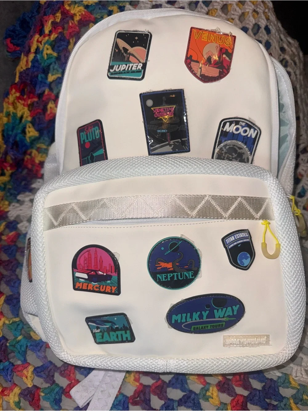 Sprayground White Backpack with Multicolor Planet Patches